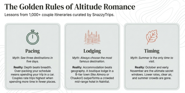 Infographic titled &ldquo;The Golden Rules of Altitude Romance&rdquo; featuring travel insights from 1,000+ couple itineraries curated by SnazzyTrips. Three illustrated cards highlight key travel principles: Pacing, emphasizing slower travel and spending more time in fewer destinations; Lodging, recommending boutique stays in smaller mountain towns over crowded tourist hubs; and Timing, explaining that visiting during quieter shoulder seasons often provides better weather, lower prices, and fewer crowds than peak summer months. The design uses soft earth tones, minimalist icons, and a clean mountain-inspired aesthetic.
