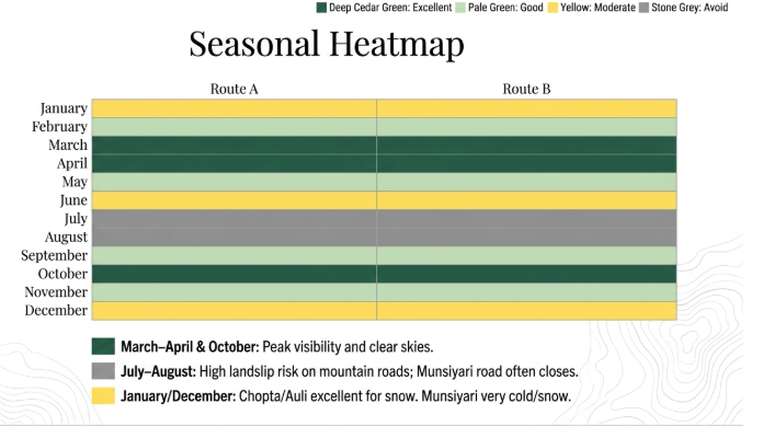 Infographic titled “Seasonal Heatmap” comparing the best months to travel on Route A (Garhwal-First Grand Circuit) and Route B (Deep Kumaon Circuit) in Uttarakhand. A color-coded calendar-style chart displays travel suitability from January to December, using dark green for excellent, light green for good, yellow for moderate, and stone grey for avoid conditions. The heatmap identifies March, April, and October as the peak travel months for both routes, offering the clearest Himalayan views, stable weather, and ideal sightseeing conditions. February, May, September, and November are shown as good travel periods with pleasant weather and strong overall accessibility. January, June, and December are rated as moderate seasons, suitable for specific experiences such as snowfall in higher-altitude destinations like Chopta and Auli, though colder temperatures and occasional weather disruptions may occur. July and August are marked in grey as the least recommended months due to heavy monsoon rainfall, increased landslide risk, mountain road closures, and challenging travel conditions, particularly on remote routes such as Munsiyari. A legend below the chart explains seasonal travel recommendations, noting that March–April and October provide peak visibility and clear skies, while July–August bring the highest risk of landslides and road disruptions. The infographic serves as a practical planning guide for Uttarakhand tour packages, Kumaon and Garhwal travel itineraries, Munsiyari road trips, Chopta and Auli winter travel, Himalayan weather planning, and the best time to visit Uttarakhand.
