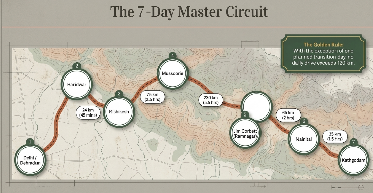 Infographic titled &ldquo;The 7-Day Master Circuit&rdquo; presenting a complete one-week Uttarakhand travel itinerary that combines the spiritual highlights of Garhwal with the lakes and wildlife of Kumaon. A route map traces the journey from Delhi/Dehradun through Haridwar, Rishikesh, Mussoorie, Jim Corbett National Park (Ramnagar), Nainital, and finally Kathgodam for departure. Each destination is marked with numbered stop points and connected by a winding route across a topographic map background.  The itinerary highlights realistic mountain travel distances and durations, including 24 km (45 minutes) from Haridwar to Rishikesh, 75 km (2.5 hours) from Rishikesh to Mussoorie, 230 km (5.5 hours) from Mussoorie to Jim Corbett, 65 km (2 hours) from Jim Corbett to Nainital, and 35 km (1.5 hours) from Nainital to Kathgodam. A prominent travel-planning note labeled &ldquo;The Golden Rule&rdquo; advises that, except for one planned transition day, no daily drive should exceed 120 km, ensuring a comfortable pace and maximum sightseeing time.  The infographic serves as a strategic overview of a balanced Uttarakhand holiday, combining Haridwar&rsquo;s spiritual heritage, Rishikesh&rsquo;s adventure and yoga culture, Mussoorie&rsquo;s hill-station charm, Jim Corbett&rsquo;s wildlife safaris, and Nainital&rsquo;s lake district attractions. It is relevant for 7-day Uttarakhand tour packages, Garhwal and Kumaon circuit itineraries, family holidays in Uttarakhand, Delhi to Nainital road trips, Jim Corbett safari tours, and comprehensive Uttarakhand travel planning.