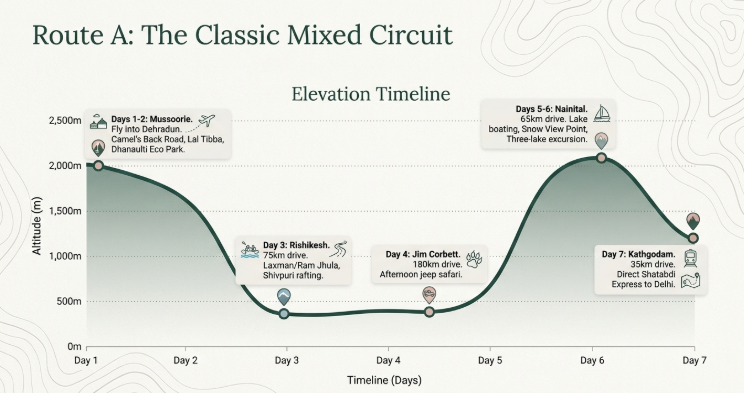 Travel infographic titled “Route A: The Classic Mixed Circuit” showing a seven-day Uttarakhand itinerary through an elevation timeline chart. A curved line graph tracks altitude changes from Day 1 to Day 7, beginning in Mussoorie at approximately 2,000 metres, descending to Rishikesh at around 350 metres on Day 3, remaining low at Jim Corbett on Day 4, then rising sharply to Nainital at just over 2,000 metres on Days 5–6 before ending in Kathgodam at approximately 1,200 metres on Day 7. Callout boxes highlight key activities at each stop, including Camel’s Back Road and Lal Tibba in Mussoorie, Lakshman Jhula and river rafting in Rishikesh, a safari in Jim Corbett, boating and a snow-view point visit in Nainital, and a return journey from Kathgodam to Delhi. The chart visualizes how travelers experience both Himalayan hill stations and low-altitude river valleys within a single week. A subtle topographic contour pattern in the background reinforces the mountain-travel theme.