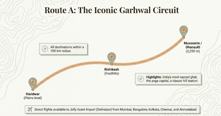 Infographic titled &ldquo;Route A: The Iconic Garhwal Circuit&rdquo; showcasing a compact and scenic Uttarakhand travel route through the Garhwal region. A curved route map connects Haridwar (plains level), Rishikesh (foothills), and Mussoorie/Dhanaulti (2,250 metres), illustrating a gradual ascent from the Ganges plains into the Himalayan hill stations. A note highlights that all destinations lie within a 100 km radius, making the circuit ideal for a relaxed and efficient 5-day Uttarakhand itinerary. Another callout describes the region&rsquo;s key attractions, including Haridwar&rsquo;s sacred ghats, Rishikesh&rsquo;s reputation as the Yoga Capital of the World, and Mussoorie&rsquo;s classic hill station charm. A travel information banner at the bottom notes the availability of direct flights to Jolly Grant Airport (Dehradun) from major Indian cities such as Mumbai, Bengaluru, Kolkata, Chennai, and Ahmedabad. The infographic is relevant for Garhwal tour packages, Rishikesh Mussoorie itinerary, Haridwar travel guide, Uttarakhand holiday planning, Himalayan hill station tours, and 5-day Uttarakhand travel routes.