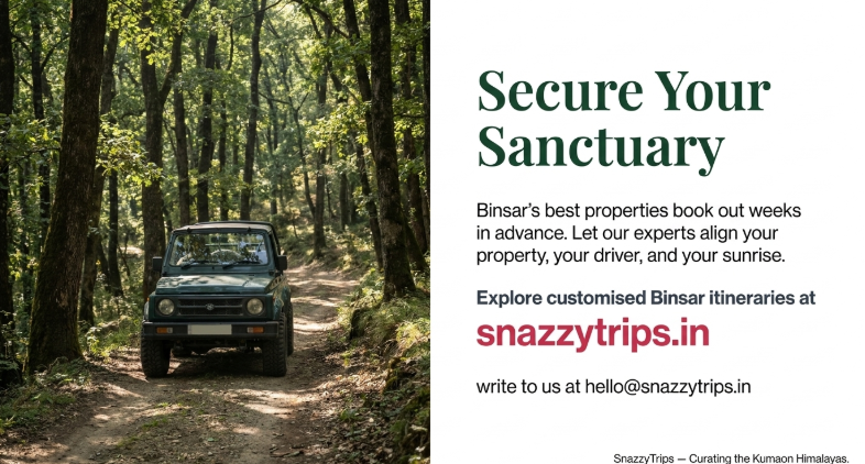 SnazzyTrips Binsar Wildlife Sanctuary travel banner showing a safari-style vehicle driving through a dense Himalayan forest, promoting customized Binsar tour packages, advance accommodation booking, local transportation, and sunrise experiences in Kumaon, Uttarakhand.