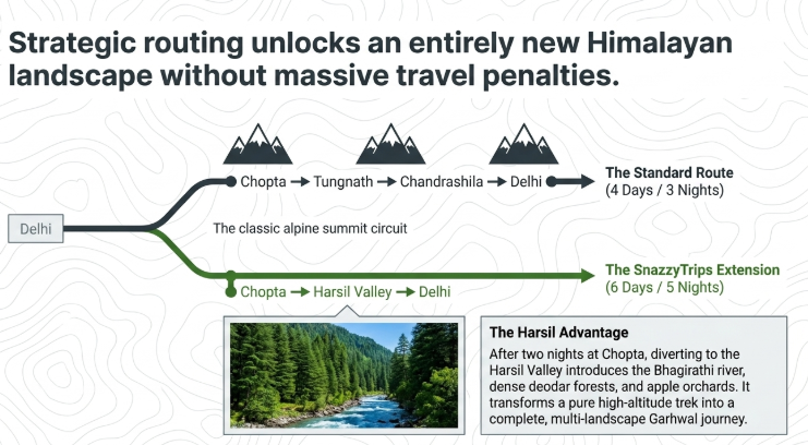 Chopta and Harsil Valley travel circuit infographic comparing the standard Chopta&ndash;Tungnath&ndash;Chandrashila trek with an extended Garhwal itinerary that includes Harsil Valley, highlighting diverse Himalayan landscapes, river valleys, deodar forests, and multi-destination Uttarakhand travel experiences.