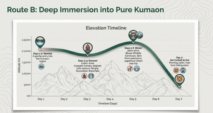 Travel infographic titled “Route B: Deep Immersion into Pure Kumaon” featuring a seven-day elevation timeline through the Kumaon region of Uttarakhand. A smooth line graph shows altitude changes across the itinerary, starting in Nainital at around 2,100 metres on Day 1, dipping slightly to Kausani at approximately 1,900 metres on Days 3–4, climbing to Binsar at roughly 2,400–2,500 metres on Days 5–6, and descending sharply to Jim Corbett at about 400 metres on Day 7. Illustrated mountain scenery forms the background of the chart, emphasizing the Himalayan setting. Callout boxes highlight key experiences including lakes and viewpoints in Nainital, Anasakti Ashram, Baijnath Temple, and Rudradhari Waterfalls in Kausani, as well as Binsar Wildlife Sanctuary, Zero Point, and Jageshwar Temple near Binsar. The journey concludes with a safari in Jim Corbett before departure from Kathgodam. Icons representing temples, wildlife, viewpoints, forests, and mountain landscapes accompany each destination, reinforcing the theme of a slower, deeper exploration of Kumaon’s natural beauty, heritage, and wilderness.