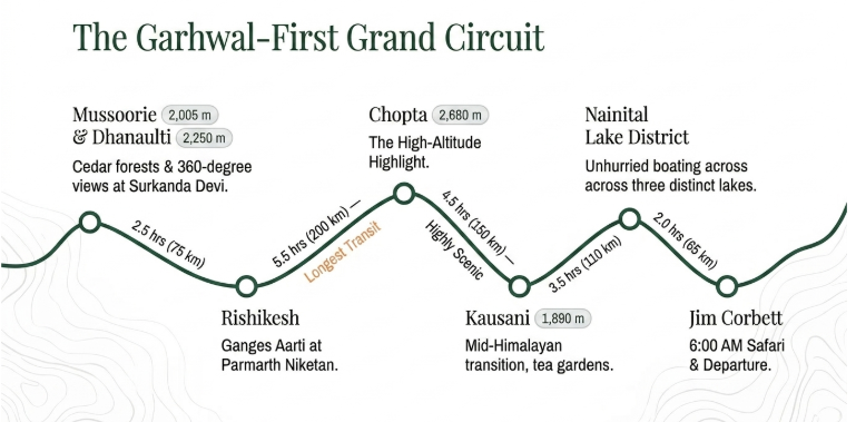 Infographic titled “The Garhwal-First Grand Circuit” illustrating a scenic 10-day Uttarakhand travel route that connects some of the state's most iconic mountain, spiritual, and wildlife destinations. A flowing route timeline links Mussoorie & Dhanaulti (2,005–2,250 metres), Rishikesh, Chopta (2,680 metres), Kausani (1,890 metres), Nainital Lake District, and Jim Corbett National Park, highlighting travel times and distances between each stop.