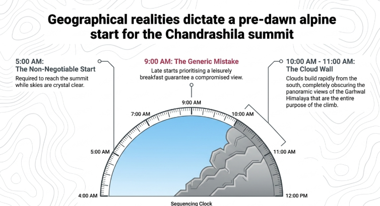Chandrashila summit trekking infographic showing the ideal pre-dawn start time for the Chopta&ndash;Tungnath&ndash;Chandrashila trek, explaining how clear Himalayan views are best before 9 AM and how cloud cover often obscures the panorama by late morning in Uttarakhand.
