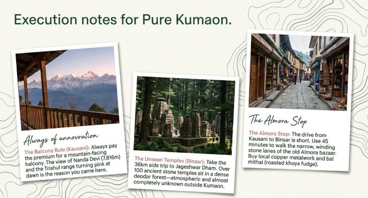 Travel infographic titled “Execution Notes for Pure Kumaon” featuring three Polaroid-style photographs arranged across a light background with subtle topographic contour lines. Each image highlights a key travel insight for visitors exploring the Kumaon region of Uttarakhand.