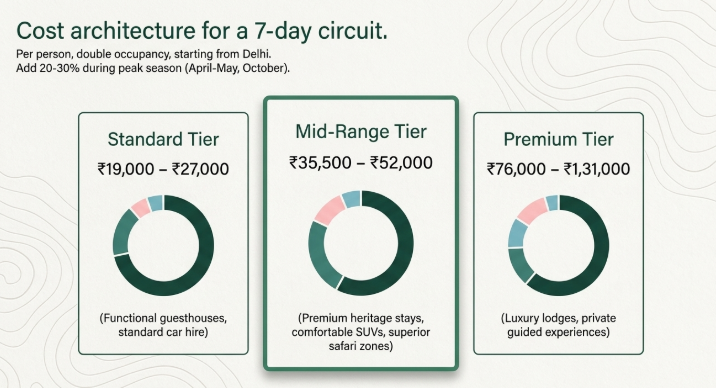 Travel budgeting infographic titled “Cost Architecture for a 7-Day Circuit” showing estimated per-person travel costs for a one-week Uttarakhand trip starting from Delhi, based on double occupancy. A note at the top advises adding 20–30% during peak travel seasons such as April–May and October. The graphic compares three accommodation and experience tiers presented in separate cards with circular expense-distribution charts.