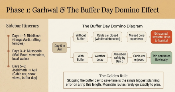 Phase 1 itinerary infographic showing the first six days of a 12-day Uttarakhand tour and how a buffer day improves flexibility for Auli travel.