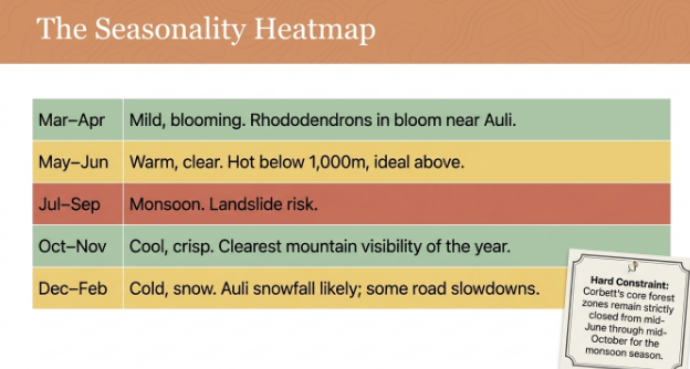 Seasonality heatmap showing the best time to visit Uttarakhand, recommending March–June and October–November while cautioning against monsoon travel.