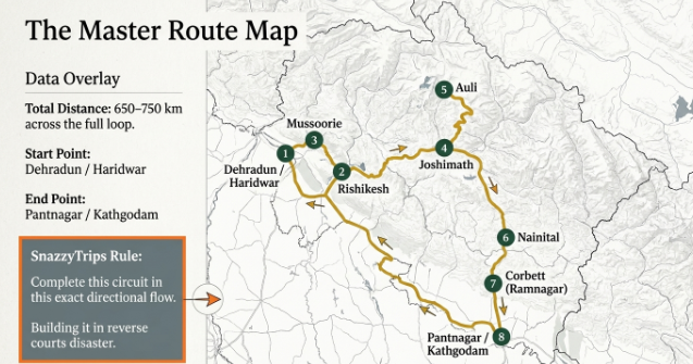 Master route map of an 11-day Uttarakhand itinerary covering Haridwar, Rishikesh, Mussoorie, Joshimath, Auli, Nainital, Corbett, and Pantnagar.