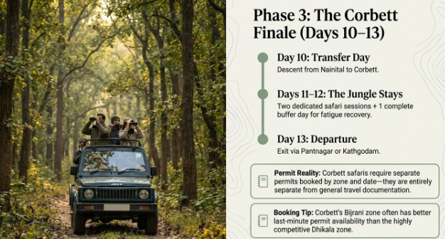 Phase 3 itinerary infographic showing the final four days of a 13-day Uttarakhand tour with Corbett safari, jungle stays, and departure via Kathgodam or Pantnagar.