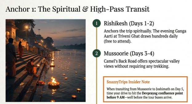 Phase 1 itinerary infographic highlighting Rishikesh Ganga Aarti, Mussoorie sightseeing, and the spiritual start of an 11-day Uttarakhand tour.