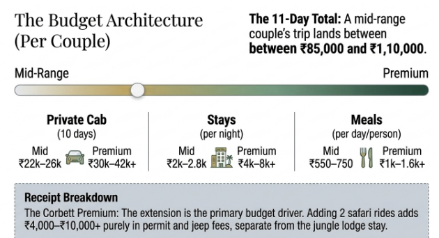 Budget infographic showing estimated costs for an 11-day Uttarakhand trip for couples, including cab, stay, meals, and total mid-range budget.