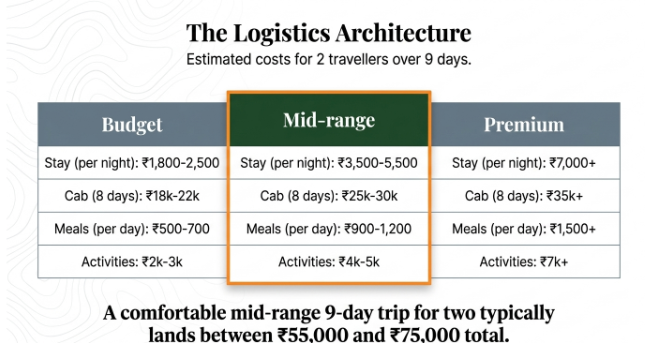 Cost breakdown infographic for a 9-day Uttarakhand trip comparing budget, mid-range, and premium travel expenses for two people.