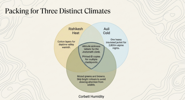 Packing guide infographic showing clothing and essentials for Rishikesh heat, Auli cold, and Corbett humidity during a 13-day Uttarakhand tour.