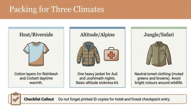 Packing guide infographic for a 12-day Uttarakhand tour showing clothing essentials for riverside, alpine, and jungle climates.