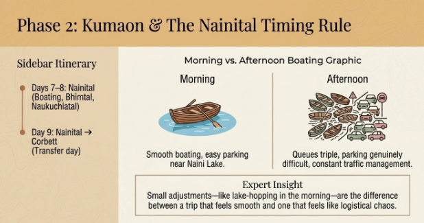 Phase 2 itinerary infographic showing Nainital sightseeing, boating tips, and the best morning timing for days 7–9 of a 12-day Uttarakhand tour.