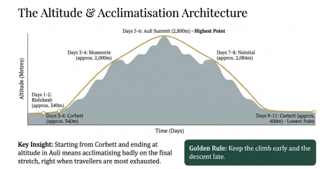 Altitude and acclimatisation chart showing an 11-day Uttarakhand itinerary from Rishikesh to Auli, Nainital, and Corbett for a gradual elevation change.
