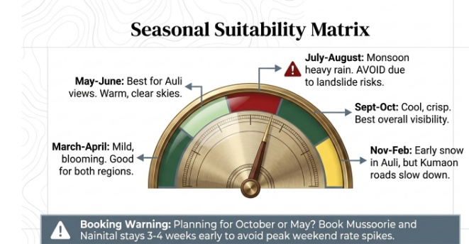 Seasonal suitability infographic showing the best months to visit Uttarakhand, highlighting March–June and September–October while warning against monsoon travel.