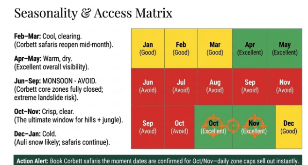 Seasonality and access matrix showing the best months to visit Uttarakhand, recommending April–May and October–November while avoiding the monsoon season.
