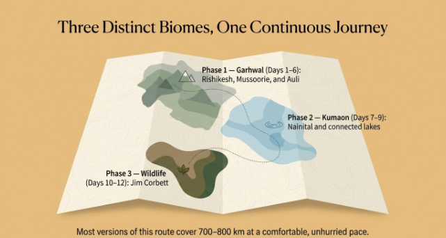 Infographic showing a 12-day Uttarakhand itinerary across Garhwal, Kumaon, and Jim Corbett, highlighting three distinct travel regions in one continuous journey.